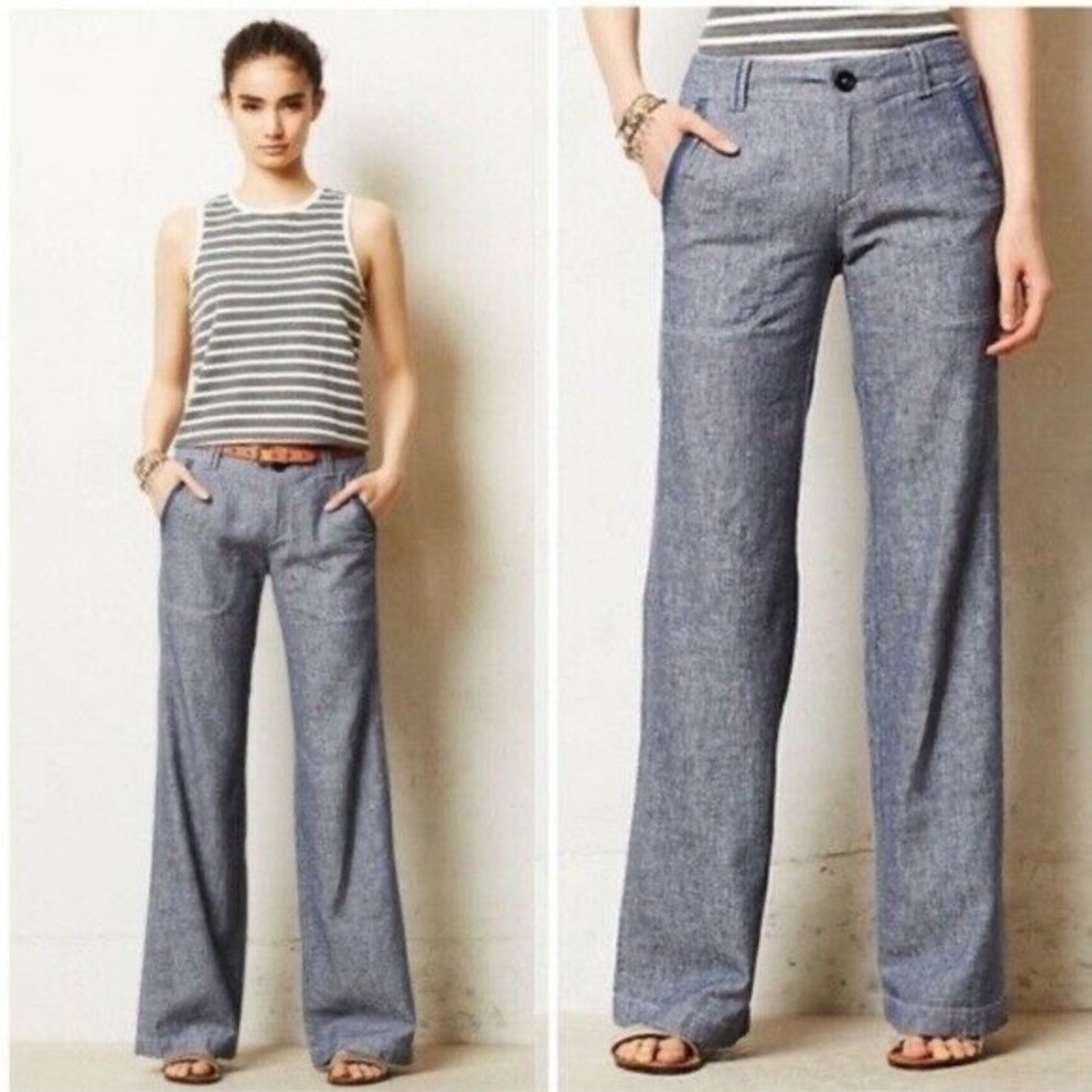 Pilcro Wide Leg Linen-Blend Pants in Heathered Blue
